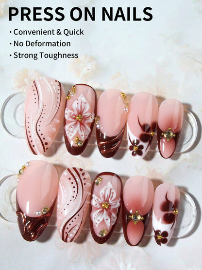 24pcs 3D Floral & Metal Cross Almond French Nails