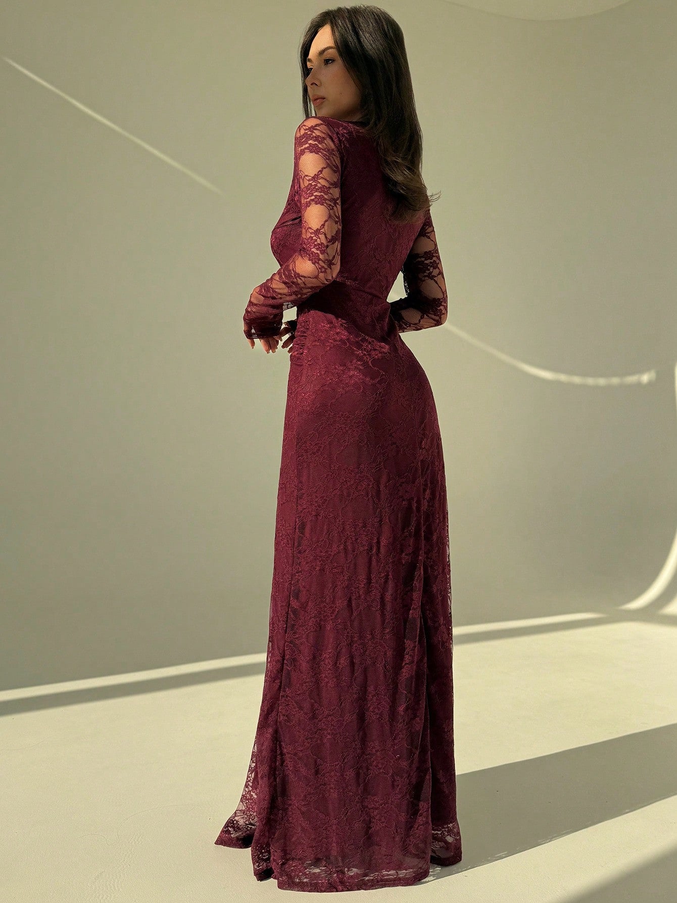 Elegant Burgundy Lace Deep V-Neck Maxi Dress