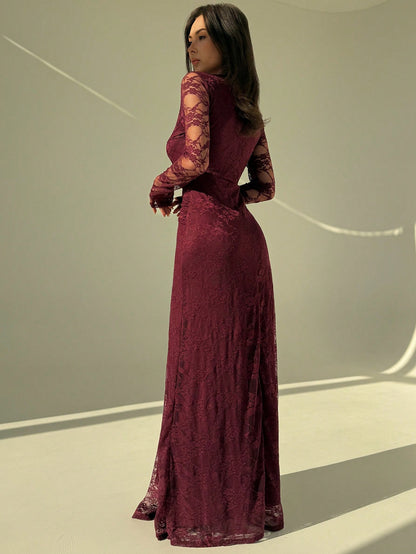 Elegant Burgundy Lace Deep V-Neck Maxi Dress