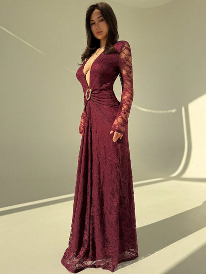 Elegant Burgundy Lace Deep V-Neck Maxi Dress