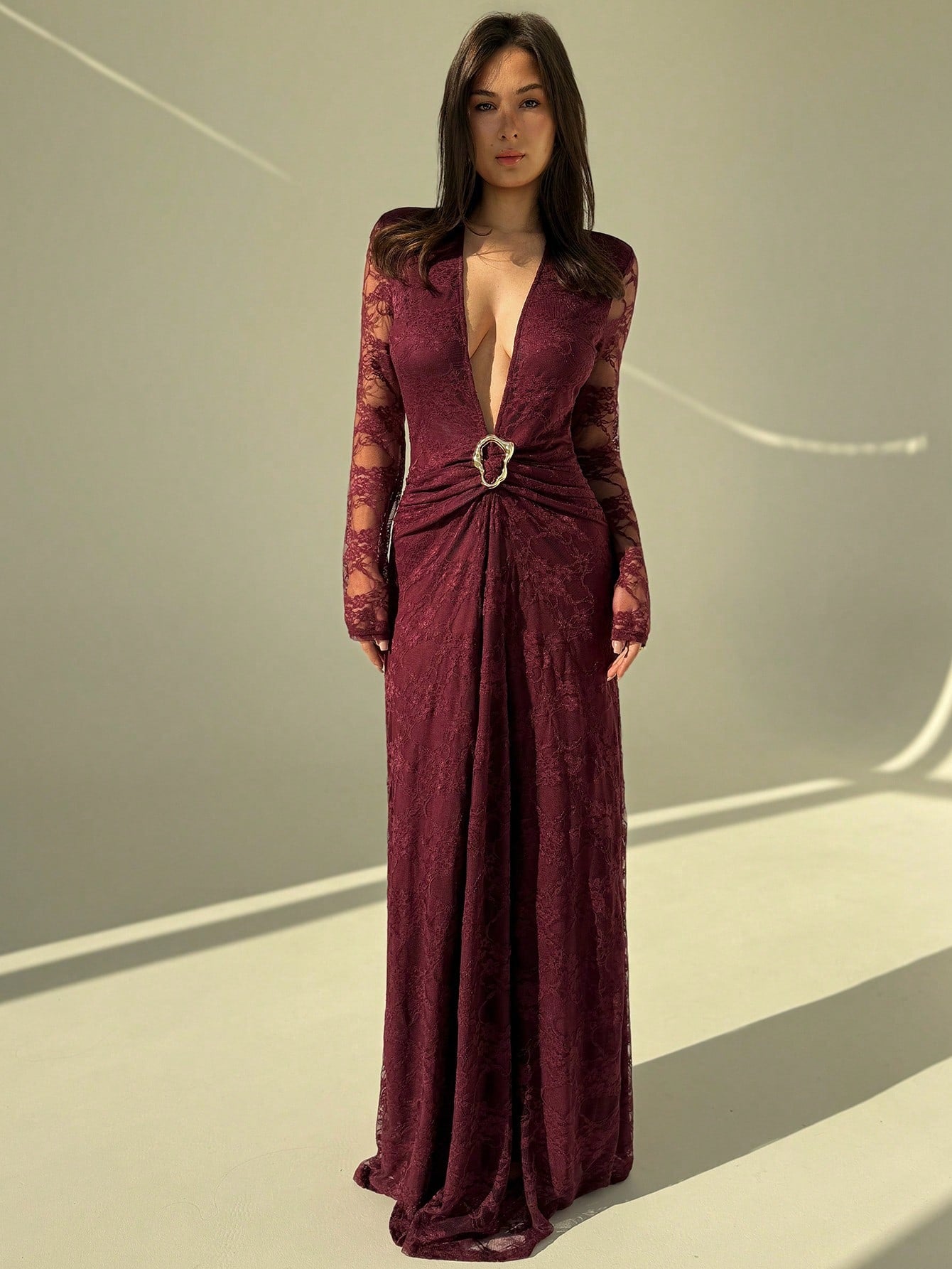 Elegant Burgundy Lace Deep V-Neck Maxi Dress