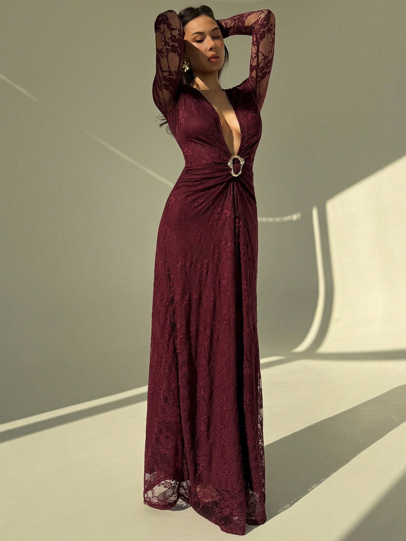 Elegant Burgundy Lace Deep V-Neck Maxi Dress