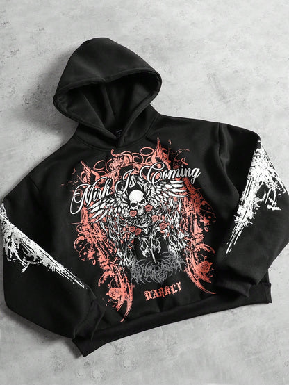 Men Skull Graphic Grunge Punk Hoodie