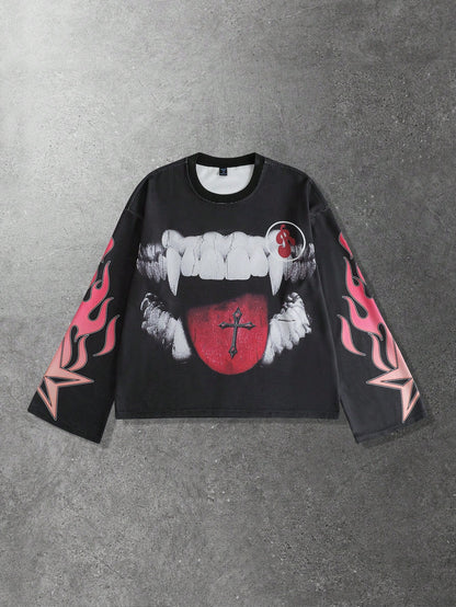 Men Flame Teeth Print Long Sleeve Tee