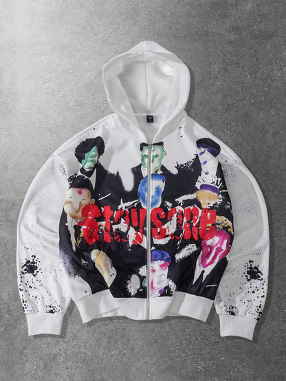 Men Blurred Portrait Zip-Up Retro Hoodie