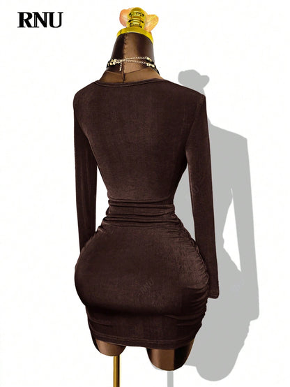 Chocolate Brown Cowl Neck Bodycon Mini Dress