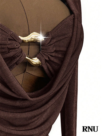 Chocolate Brown Cowl Neck Bodycon Mini Dress