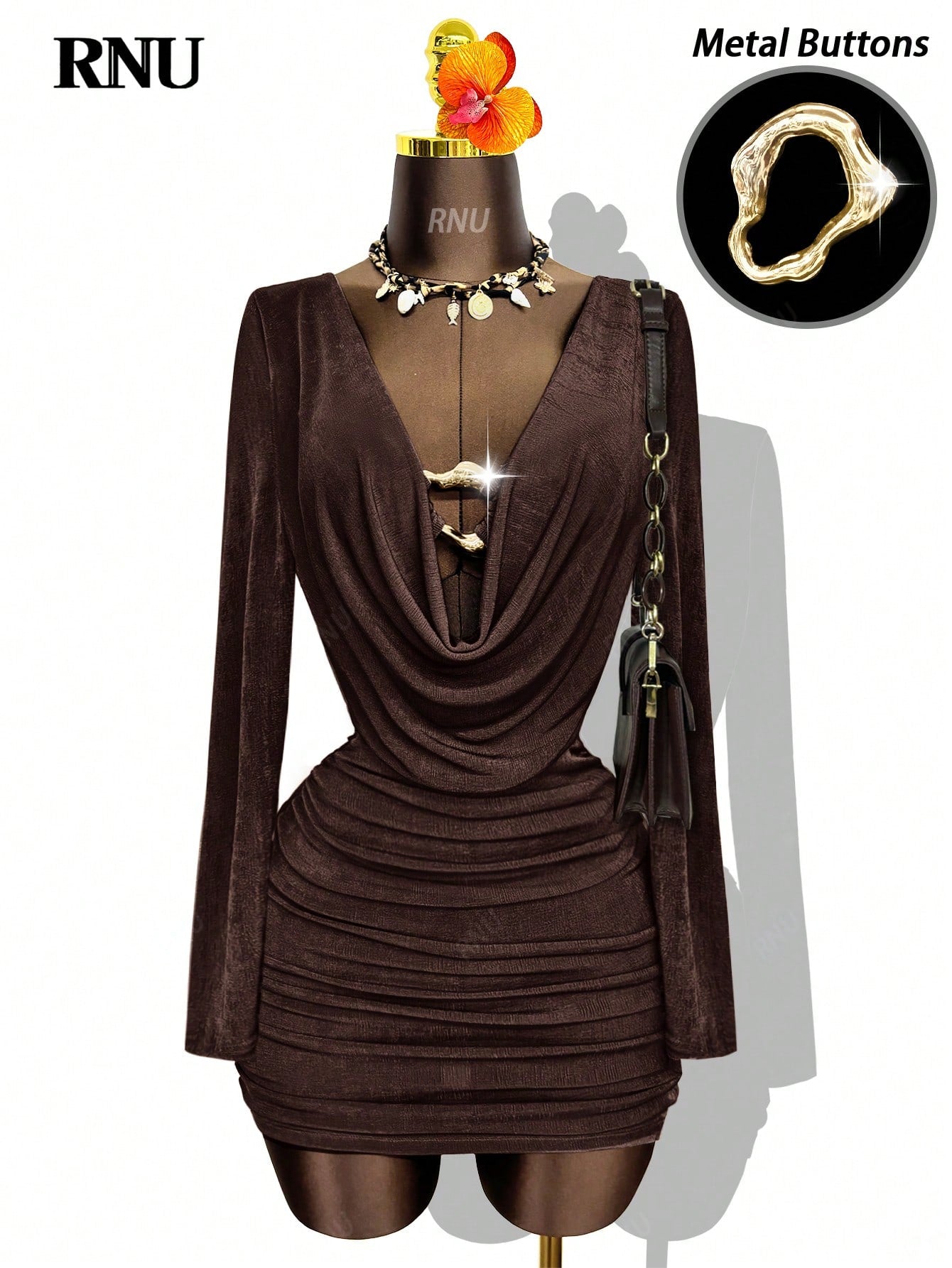 Chocolate Brown Cowl Neck Bodycon Mini Dress