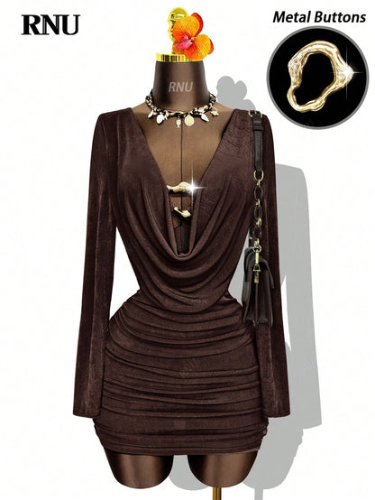 Chocolate Brown Cowl Neck Bodycon Mini Dress