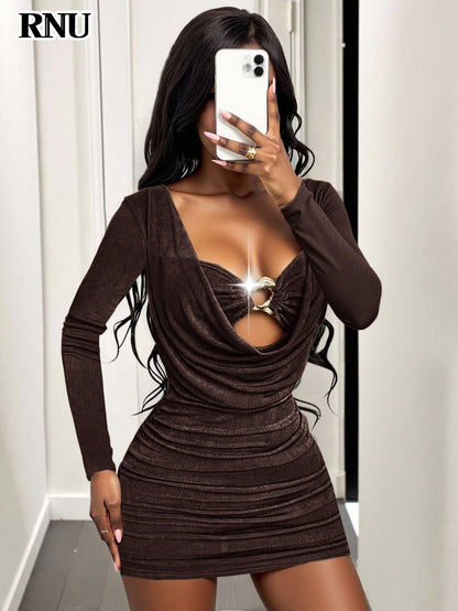 Chocolate Brown Cowl Neck Bodycon Mini Dress
