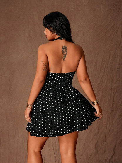 Plus Size Polka Dot Halter A-Line Sexy Mini Dress