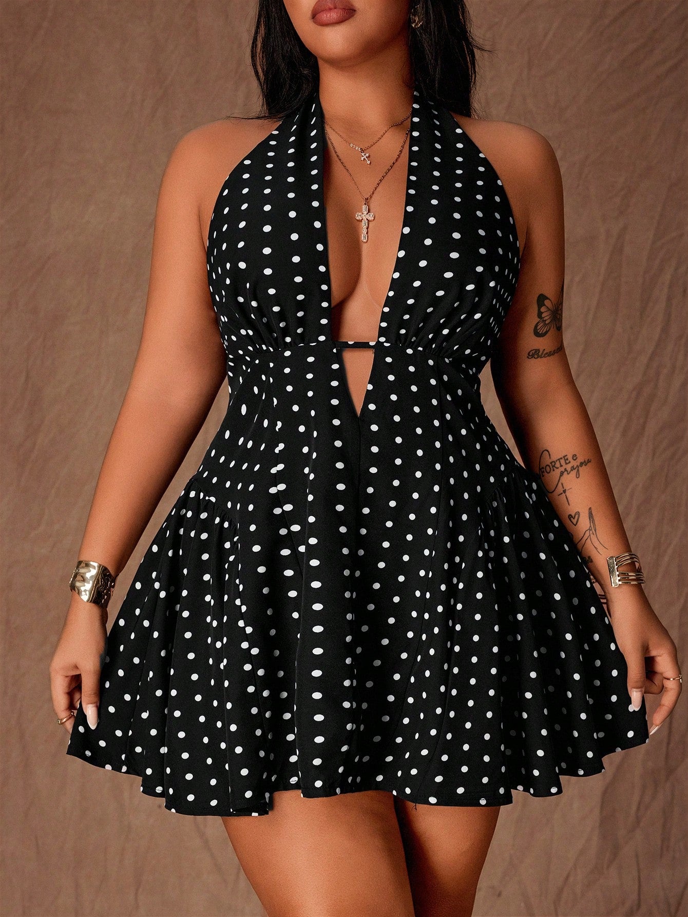 Plus Size Polka Dot Halter A-Line Sexy Mini Dress