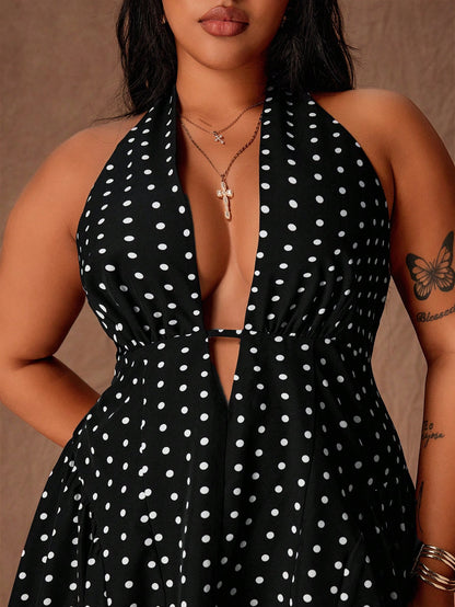 Plus Size Polka Dot Halter A-Line Sexy Mini Dress