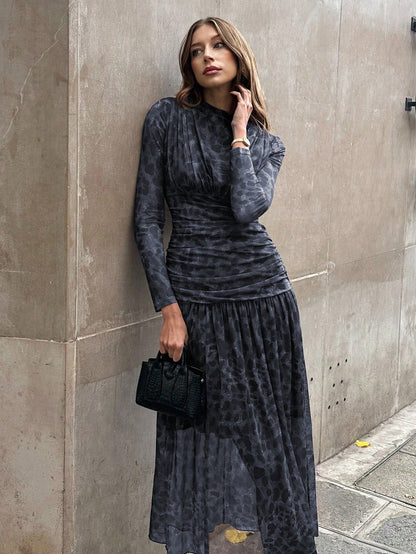 Elegant Leopard Print Ruched Long Dress