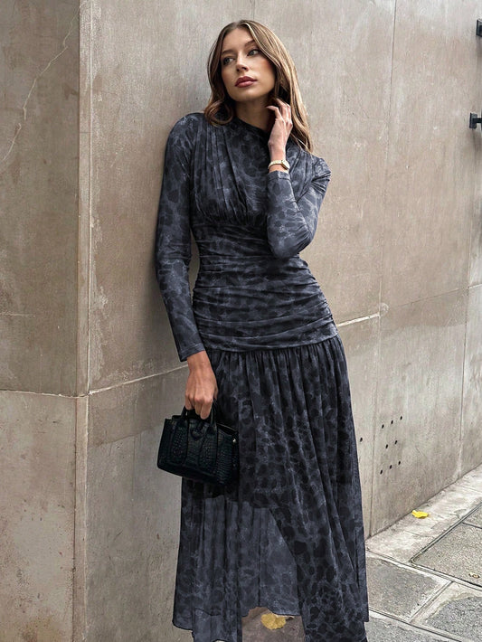 Elegant Leopard Print Ruched Long Dress
