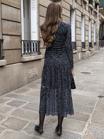 Elegant Leopard Print Ruched Long Dress