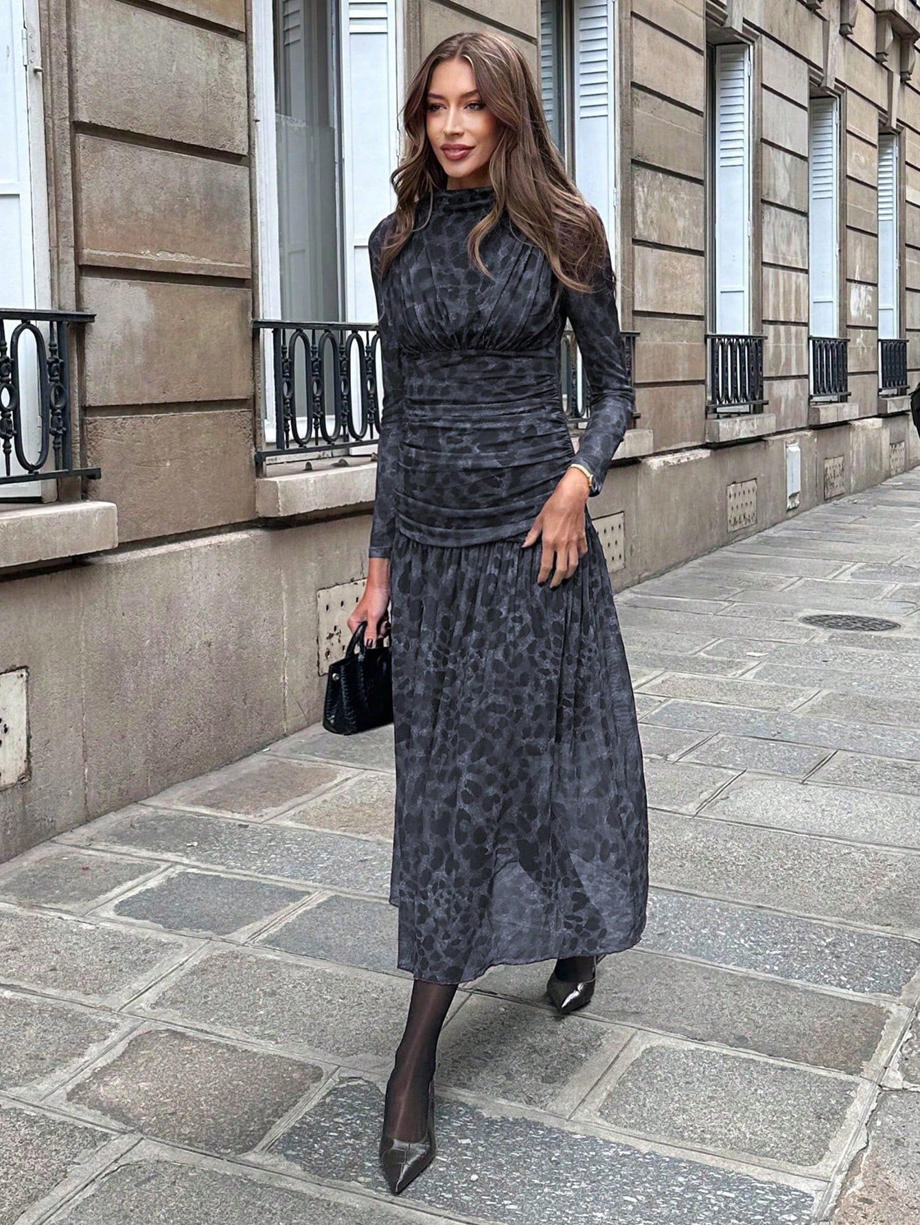 Elegant Leopard Print Ruched Long Dress