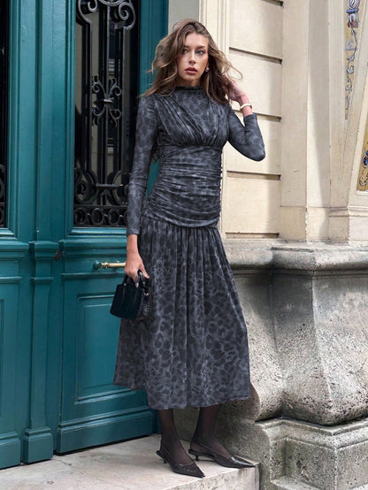 Elegant Leopard Print Ruched Long Dress