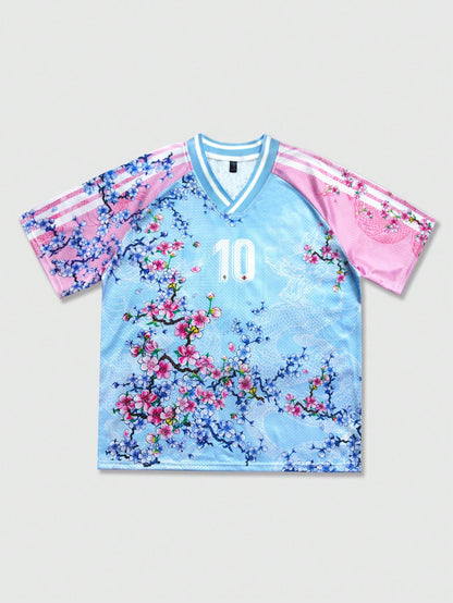 Multicolor Floral Spiral & Birdseye Print V-Neck Jersey