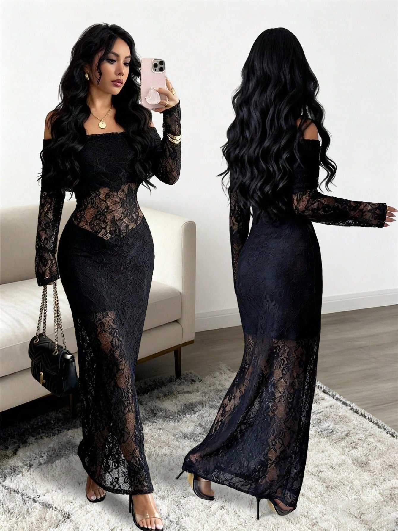 Elegant Sheer Off Shoulder Black Lace Maxi Dress