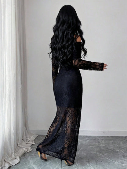 Elegant Sheer Off Shoulder Black Lace Maxi Dress