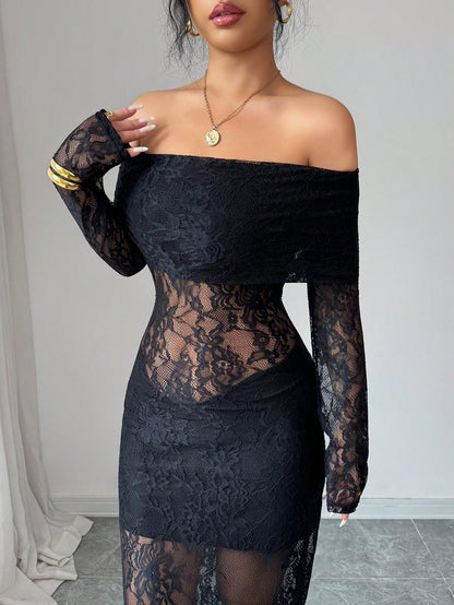 Elegant Sheer Off Shoulder Black Lace Maxi Dress