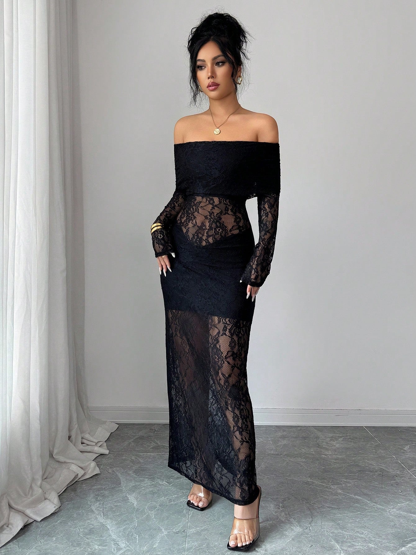 Elegant Sheer Off Shoulder Black Lace Maxi Dress