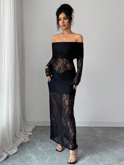 Elegant Sheer Off Shoulder Black Lace Maxi Dress