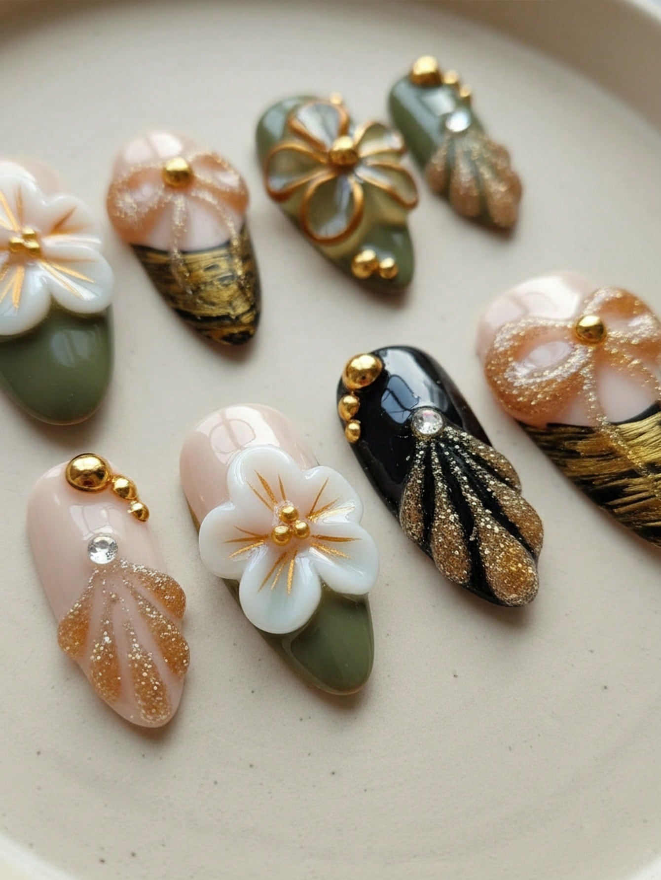 10pcs Handmade Black Ombre Floral Almond Press-On Nails