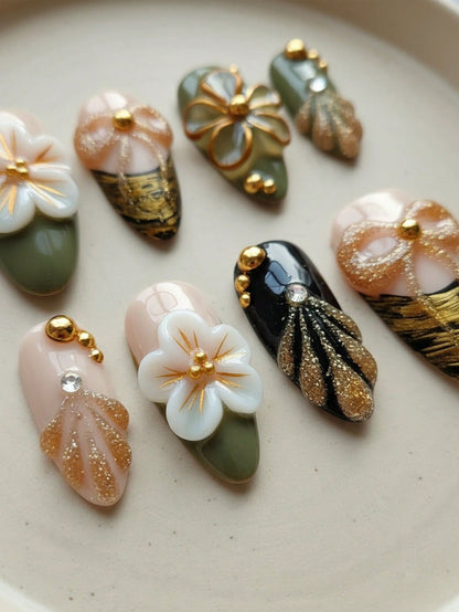 10pcs Handmade Black Ombre Floral Almond Press-On Nails