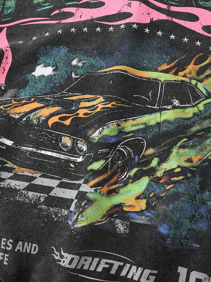 Men's Washed Vintage Car & Fire Graphic Y2K Hoodie