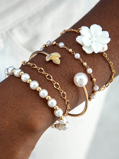 5pcs Flower & Faux Pearl Bracelet Set for Women – Gift for Mom