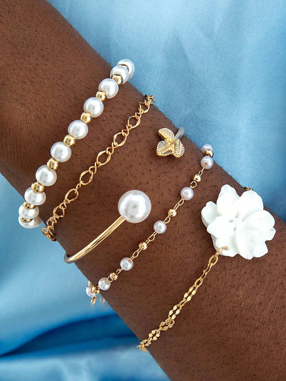 5pcs Flower & Faux Pearl Bracelet Set for Women – Gift for Mom