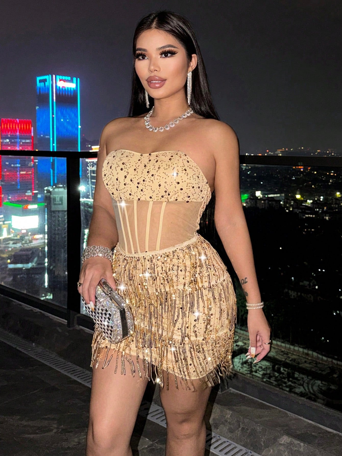 Gold Sequin & Mesh Mini Dress Elegant Party & Homecoming Outfit