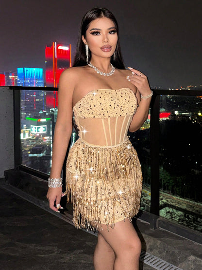 Gold Sequin & Mesh Mini Dress Elegant Party & Homecoming Outfit