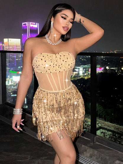 Gold Sequin & Mesh Mini Dress Elegant Party & Homecoming Outfit
