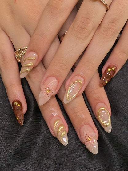 24pcs 3D Flower & Cross Long Almond Press-On Nails