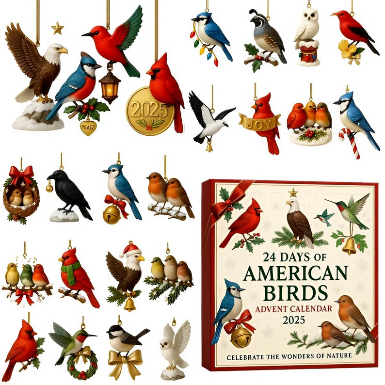 American Birds Advent Calendar 2025 24 Day Birds Figurines  Vintage Christmas Ornament Countdown