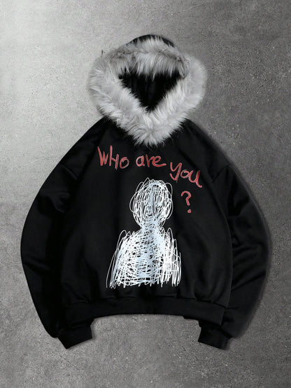 Men's Slogan Fluffy Collar Fleece Hoodie