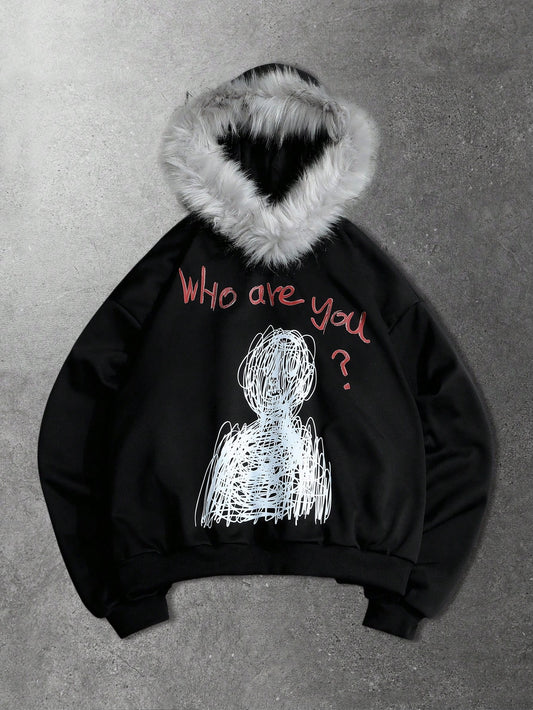 Men's Slogan Fluffy Collar Fleece Hoodie