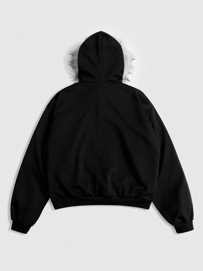 Men's Slogan Fluffy Collar Fleece Hoodie
