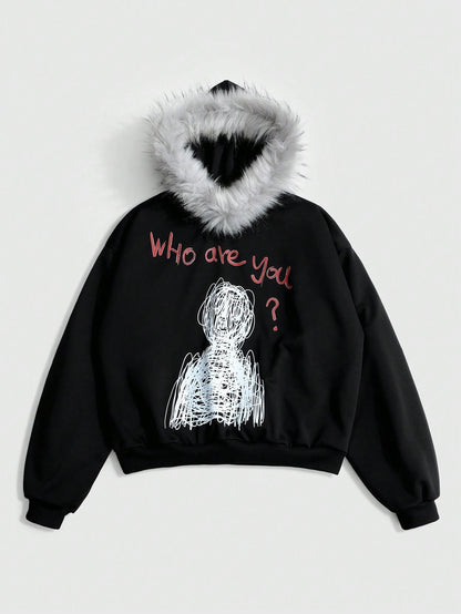 Men's Slogan Fluffy Collar Fleece Hoodie
