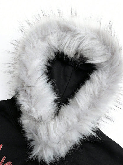 Men's Slogan Fluffy Collar Fleece Hoodie