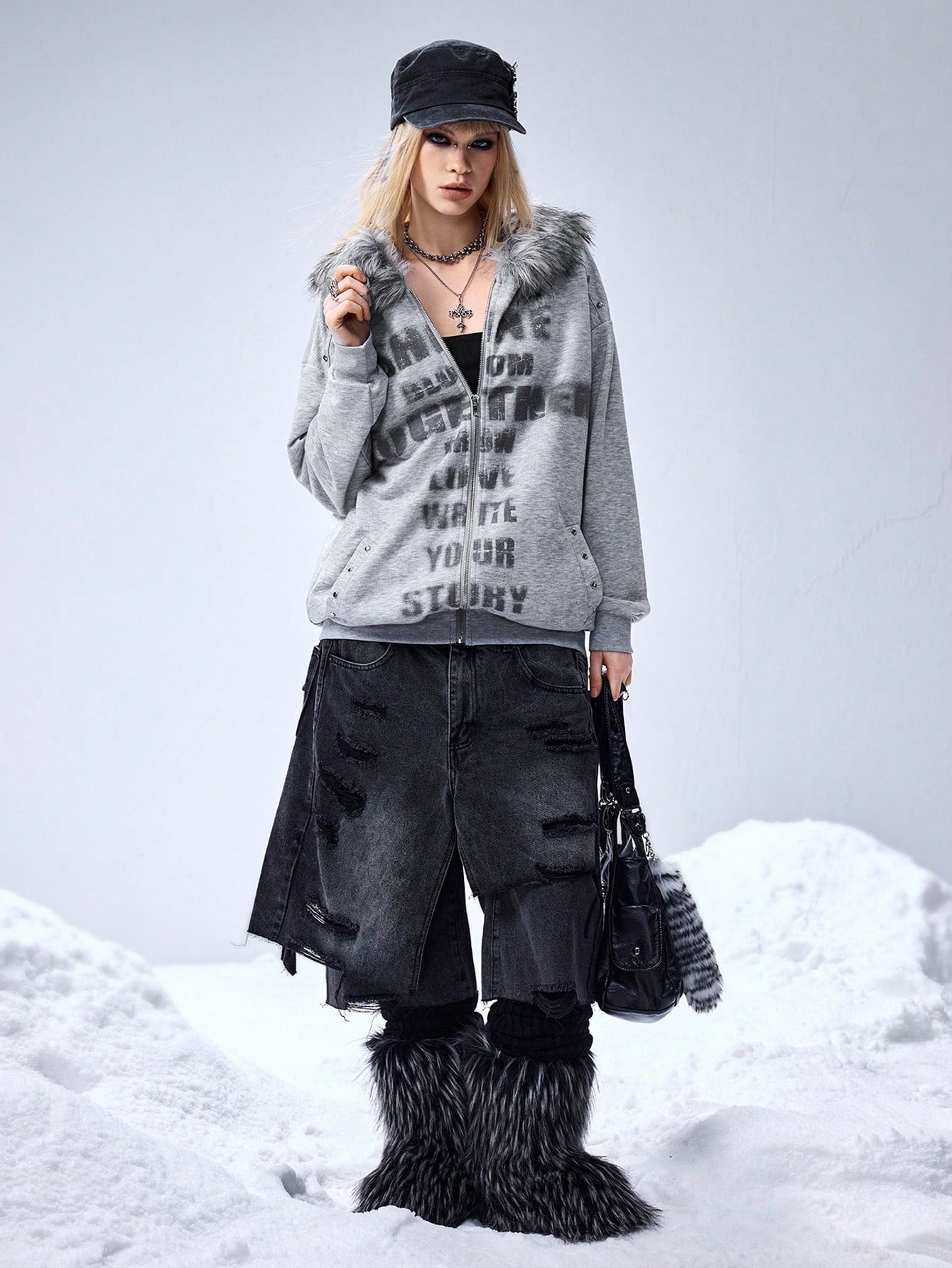 Women's Y2K Grunge PUNK Slogan Fur Hoodie