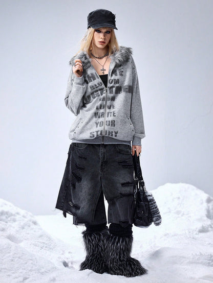 Women's Y2K Grunge PUNK Slogan Fur Hoodie