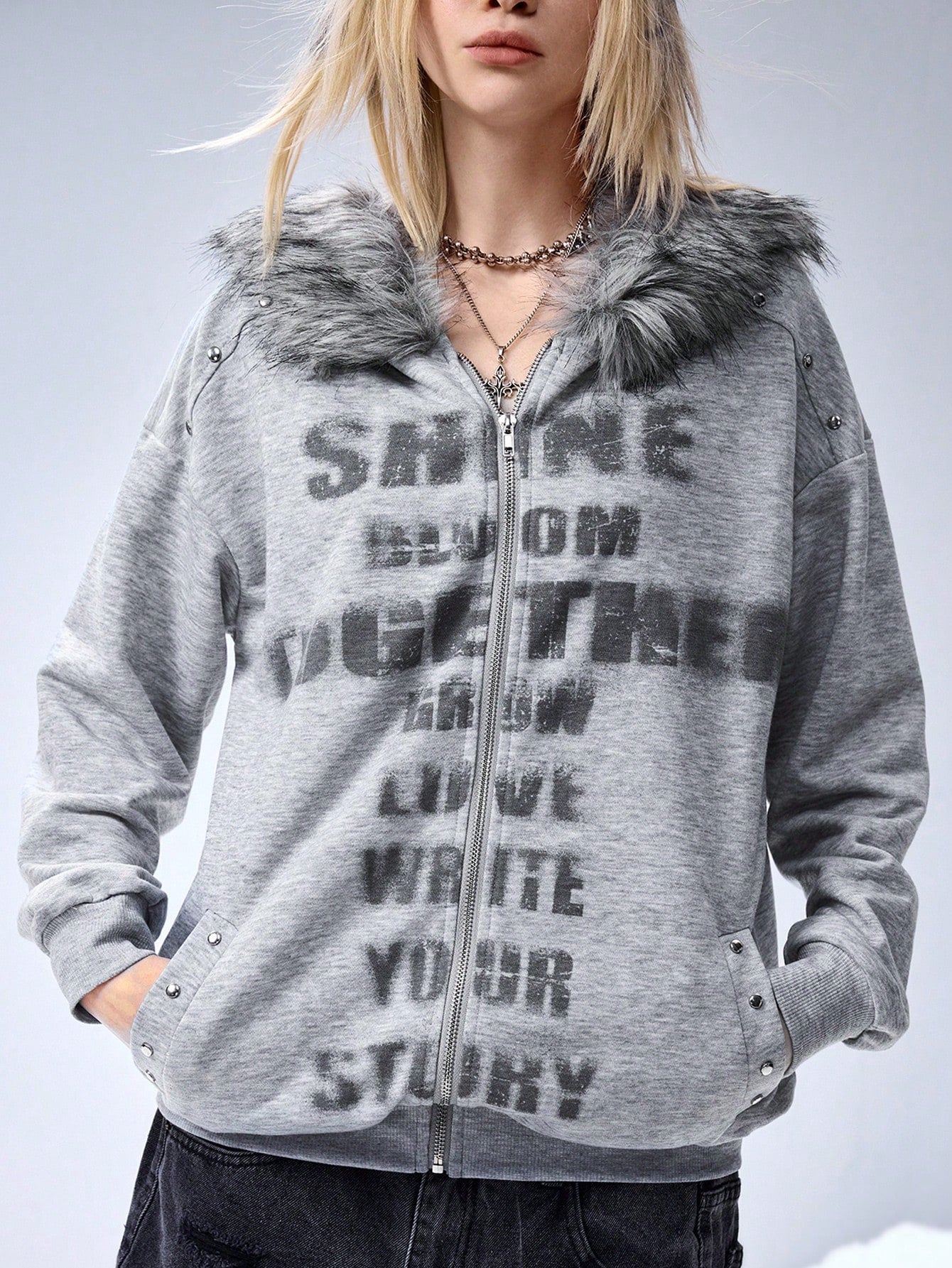 Women's Y2K Grunge PUNK Slogan Fur Hoodie