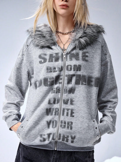 Women's Y2K Grunge PUNK Slogan Fur Hoodie