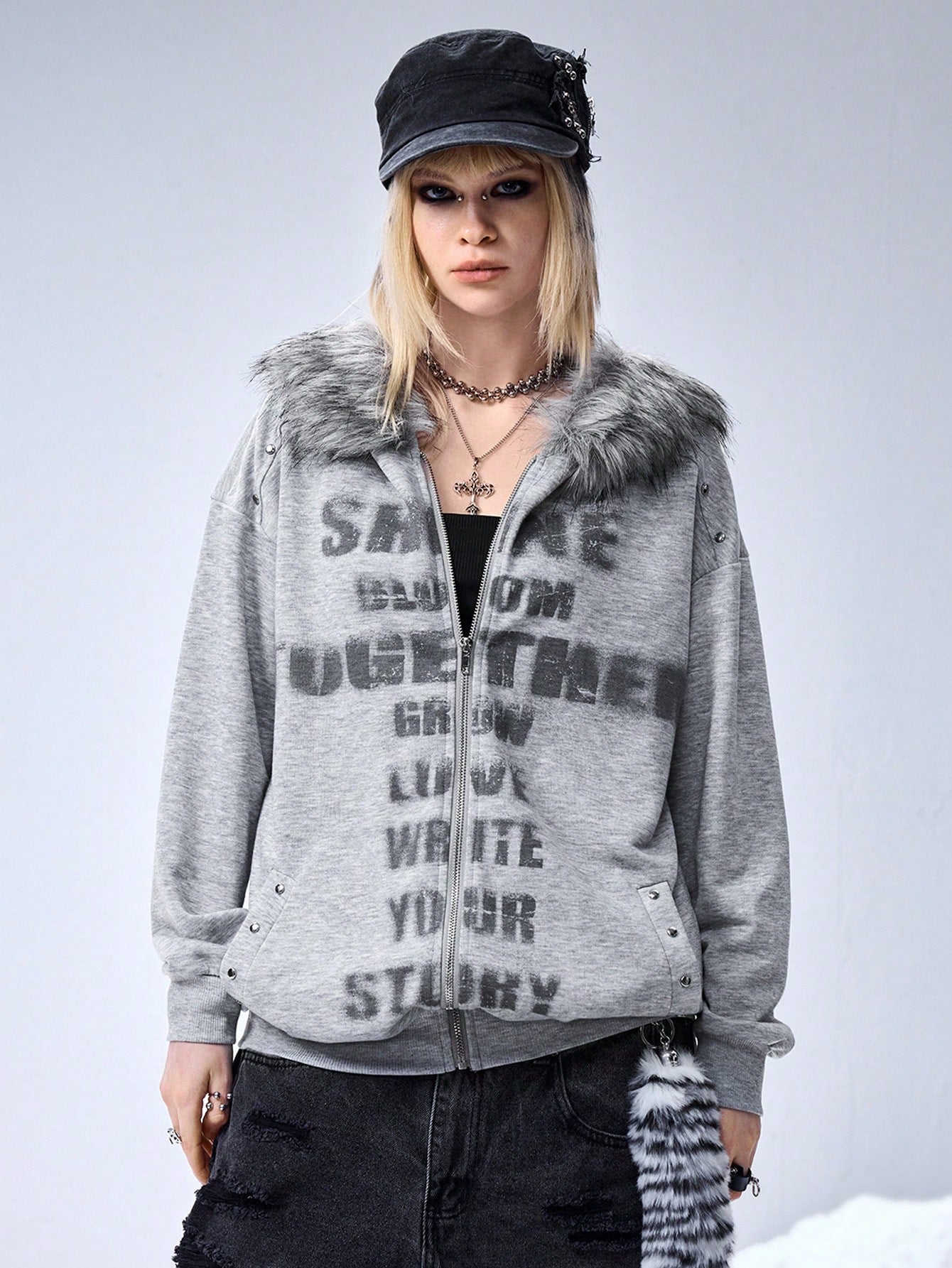 Women's Y2K Grunge PUNK Slogan Fur Hoodie