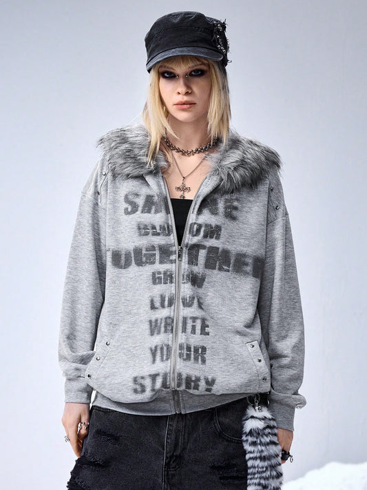 Women's Y2K Grunge PUNK Slogan Fur Hoodie
