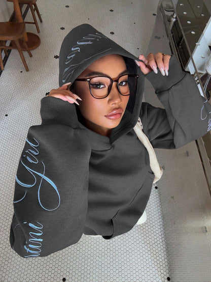 Muchica Women's Y2K Light Grey Embroidered Sweatshirt